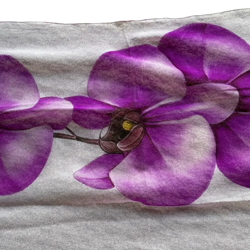 Sheer silk chiffon scarf long rectangle wrap pink purple floral hand painted